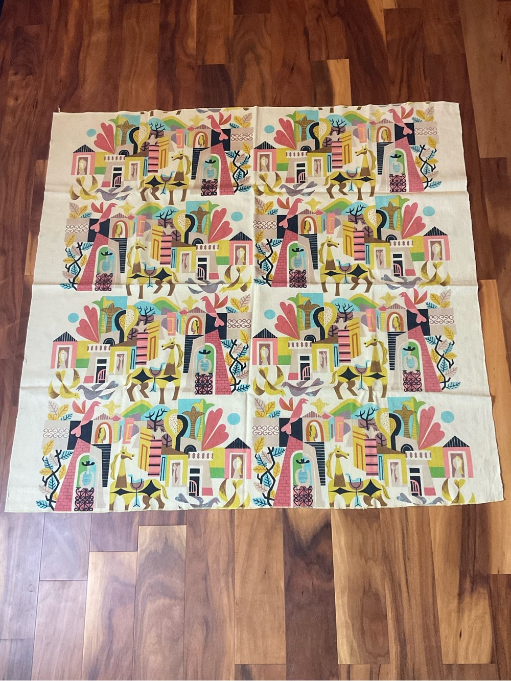 Vintage Mid Century Modern Linen Whimsical Abstract Square Tablecloth 50” x 52”